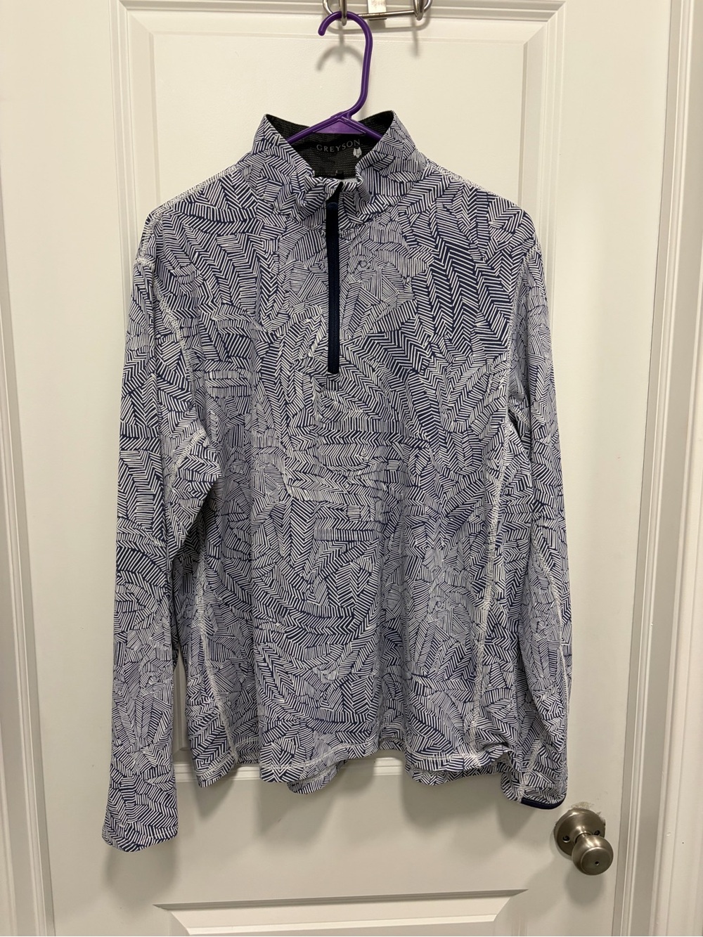 GREYSON Men's Blue/White Geometric 1/4 Zip Stretch Mock Neck Pullover L